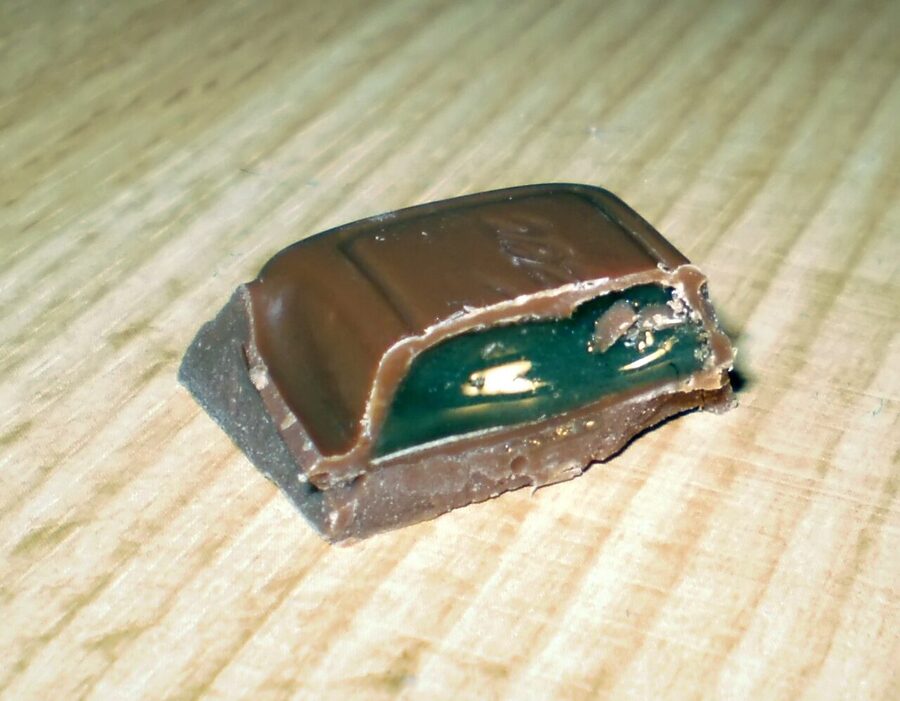 Salmiakki chocolate from Fazer, dark chocolate around a salt-licorice centre