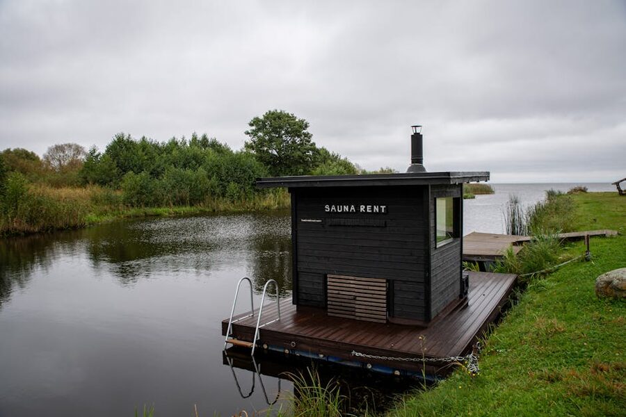 Floating wooden sauna on a Nordic lake