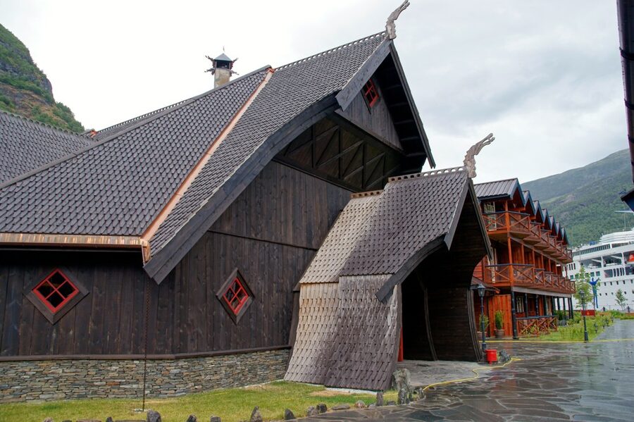 Ægir brewery and Flåmsbrygga hotel side by side at Flåm