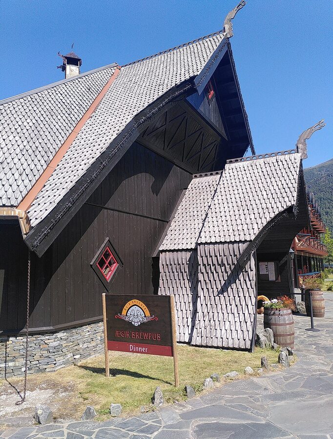 Ægir Bryggeri stave-church-style hall in Flåm