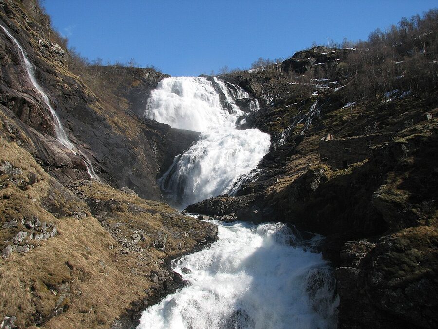 Kjosfossen waterfall seen from the train viewing platform