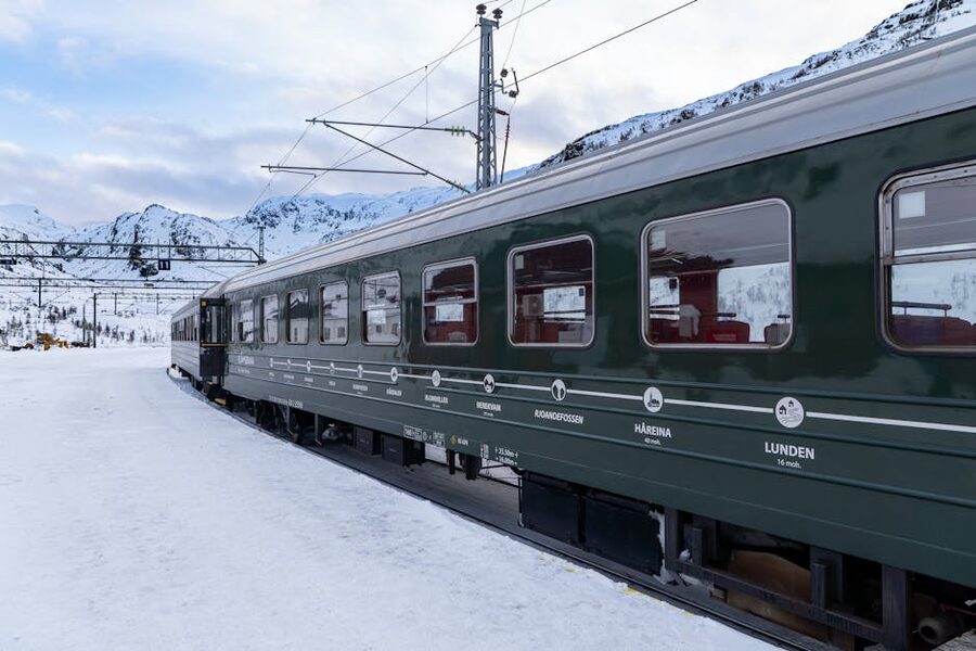 Flåm Railway descending in winter through snowy mountain landscape