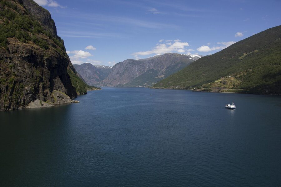 Flåm village seen from across the fjord