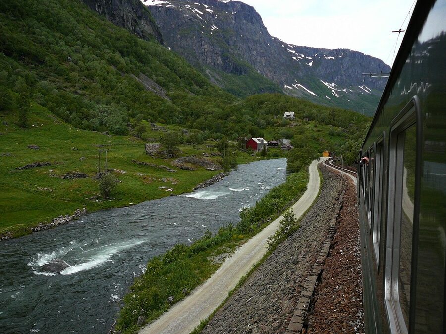 View from the Flåmsbana train through the window in summer
