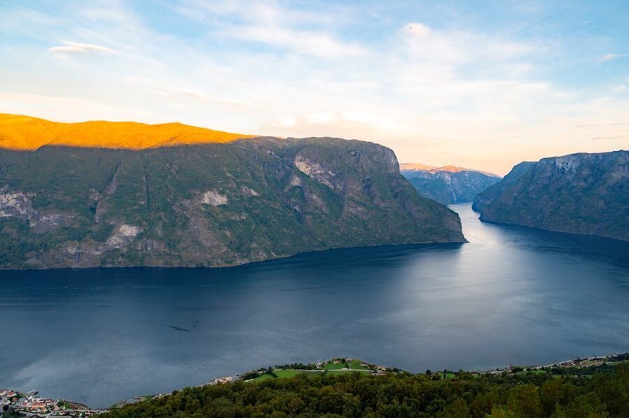 Aurlandsfjord at sunset, viewed from Flåm village