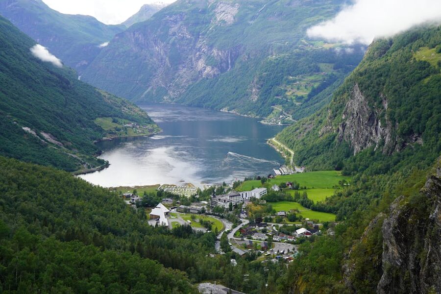 Aerial view of Geirangerfjord with cruise ship docked at Geiranger village