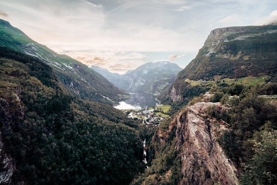 Summer aerial of Geirangerfjord with surrounding peaks