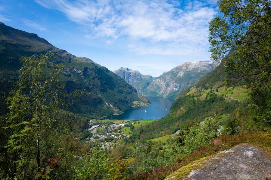 Summit-level view across Geirangerfjord, Norway
