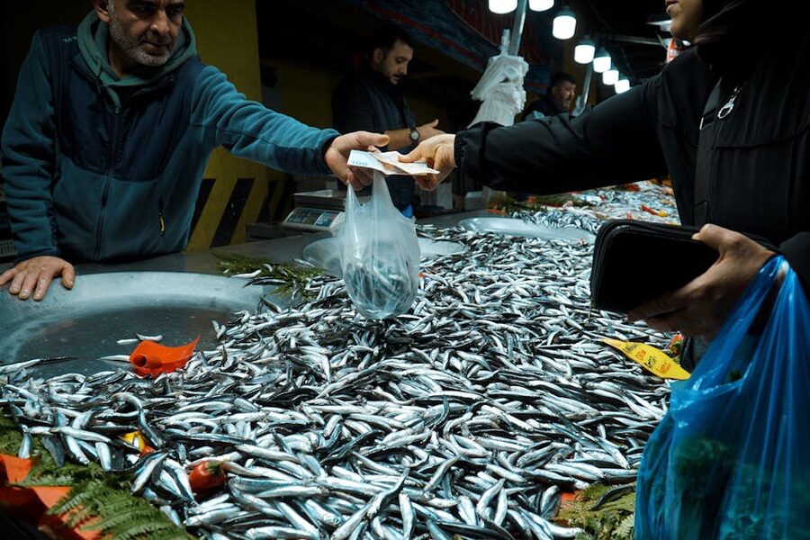 Fish counter inside a market hall