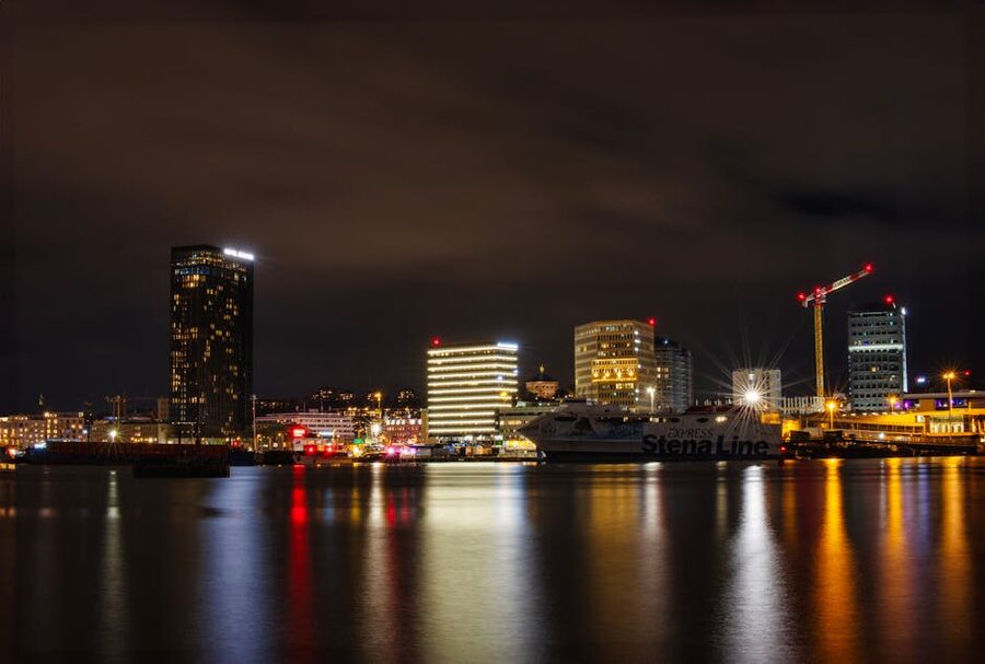 Gothenburg waterfront with Stena Line ferry at night