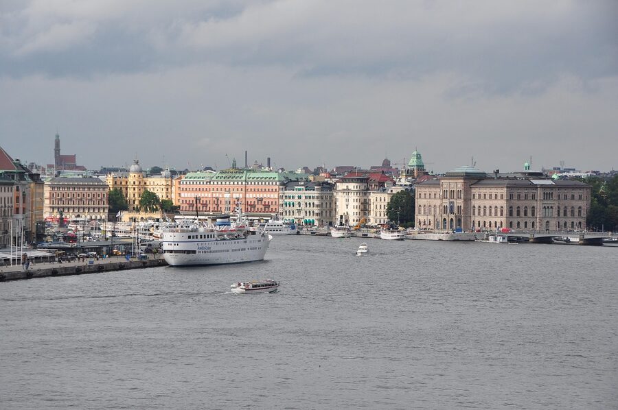 A boat moored in a Swedish coastal town