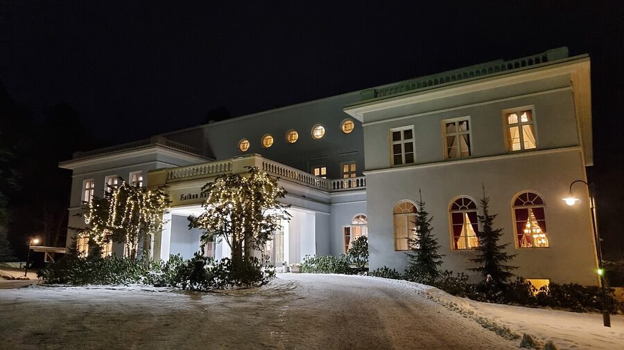 Haikko Manor, a yellow and white historic Finnish manor house and spa hotel near Porvoo, with formal gardens