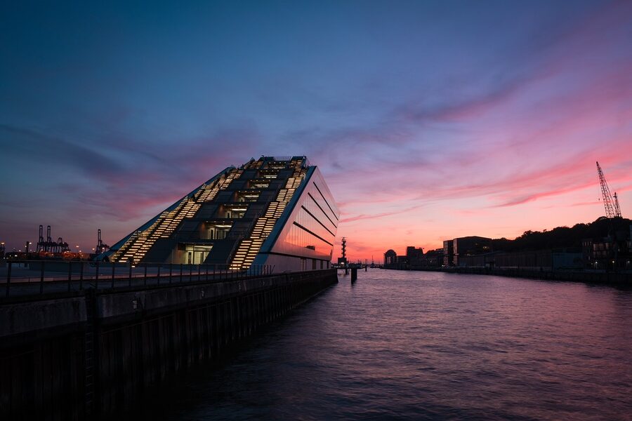 Hamburg's Dockland building at sunset over the Elbe