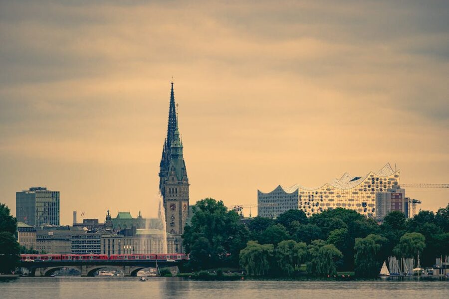 Hamburg skyline with the Elbphilharmonie and St Nicholas Church spire