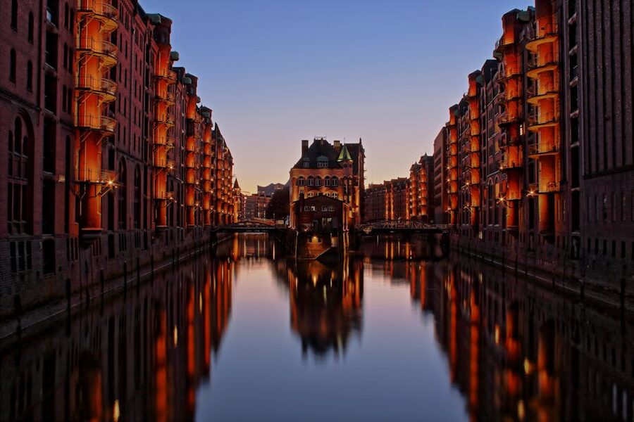 Twilight view of the Wasserschloss in Hamburg's Speicherstadt