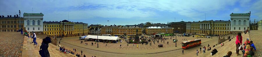 Panoramic view of Helsinki from the cathedral, Senate Square in foreground, harbour in distance