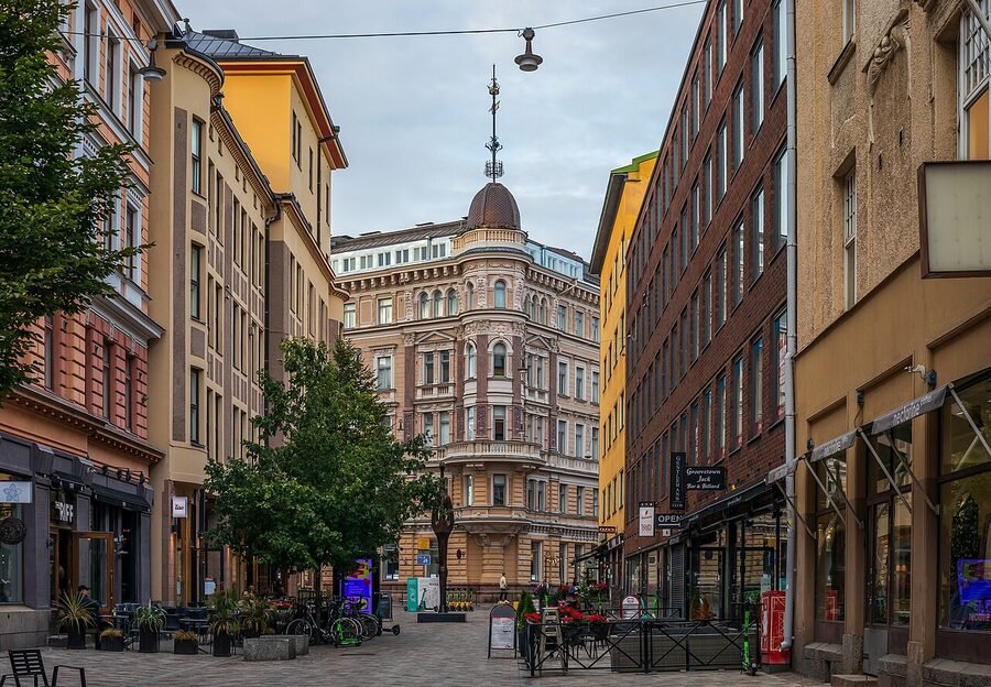 Iso Roobertinkatu pedestrian street in Punavuori Helsinki on a summer afternoon