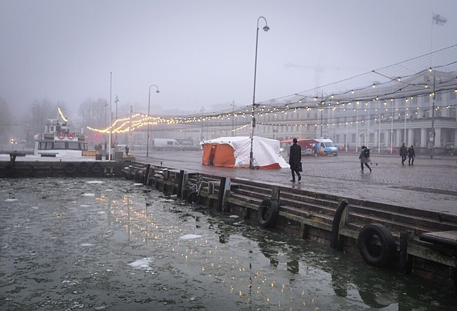 Fog and ice over Kauppatori Market Square Helsinki in winter