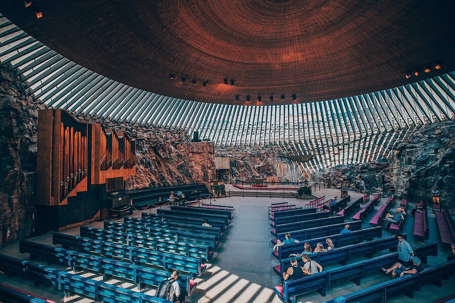 The interior of Temppeliaukio Rock Church Helsinki