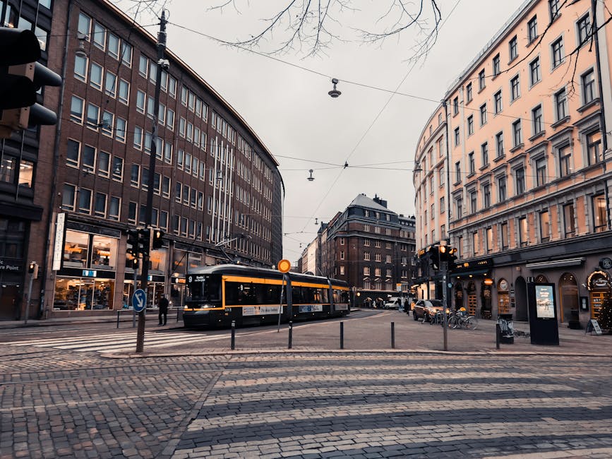 Helsinki evening street with tram lights and historic facades