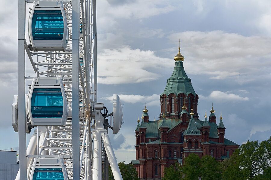 Uspenski Cathedral and the SkyWheel ferris wheel by Helsinki harbour