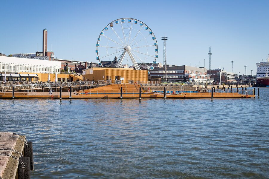 Allas Sea Pool from above, three pools and saunas alongside Helsinki market square