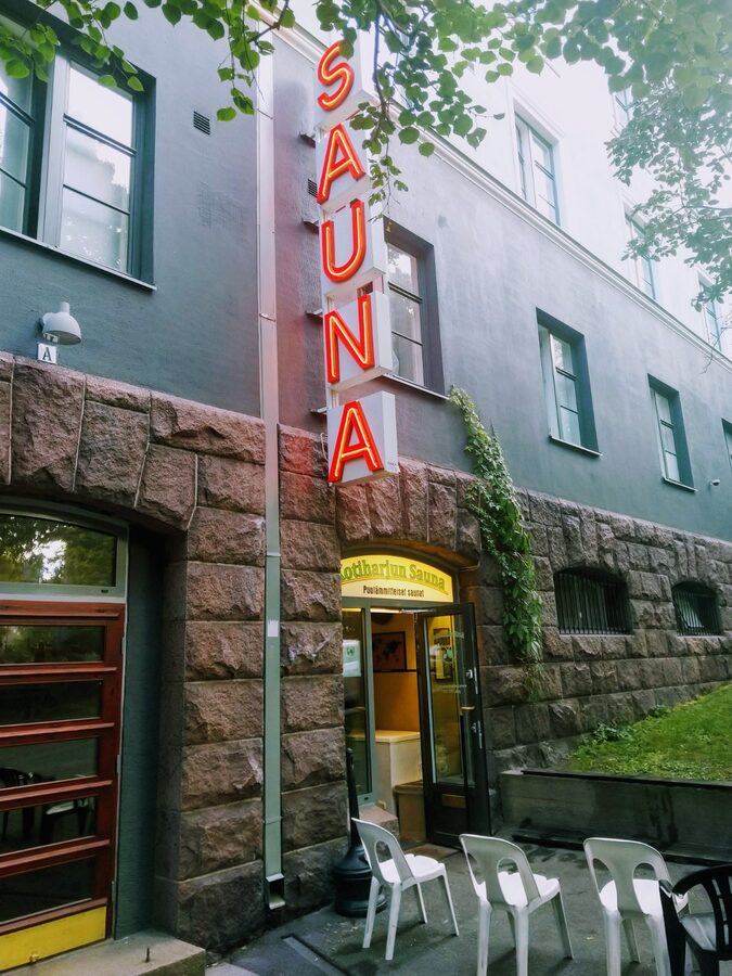 Side view of Kotiharju sauna building with the chimney visible