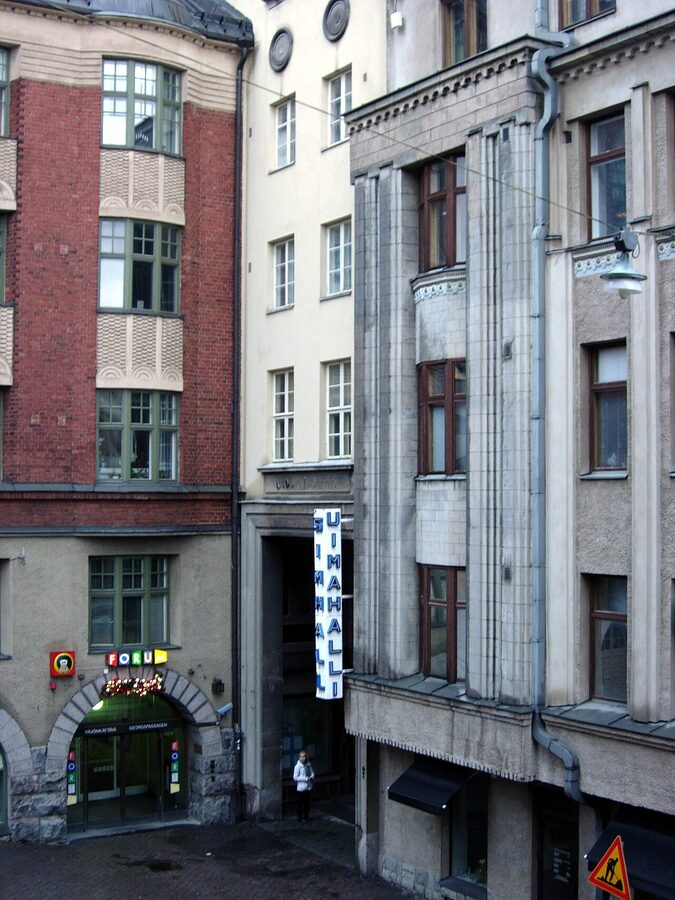 The Yrjönkatu swimming hall building from above, the dome roof visible
