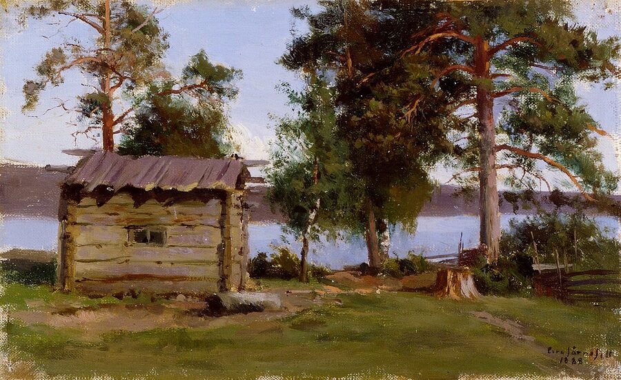 Eero Järnefelt's painting of a chimneyless smoke sauna, dark interior, woman bathing