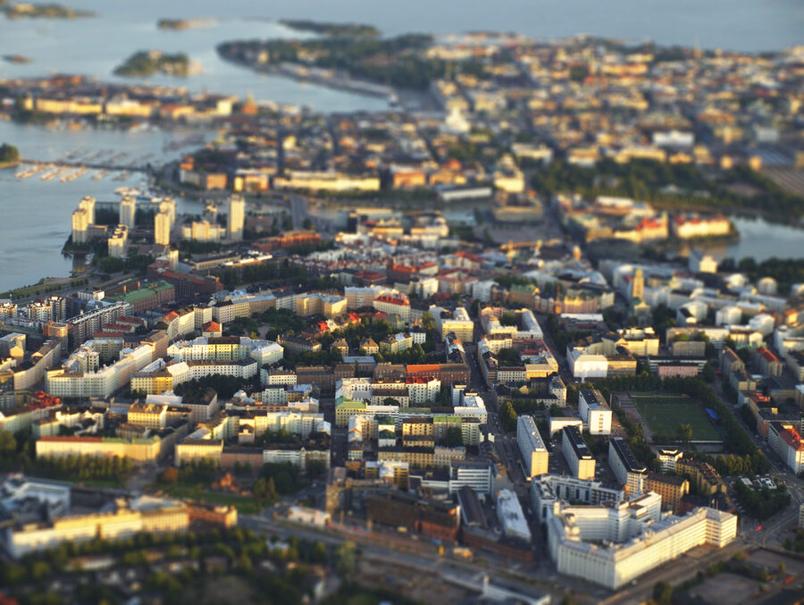 Aerial view of the Kallio district in Helsinki, showing dense apartment blocks and Kallio Church