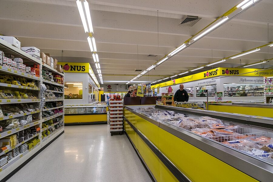 Bónus supermarket in Keflavík at night, the cheapest grocery chain in Iceland