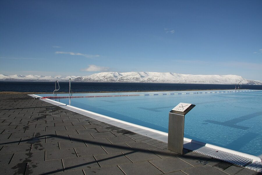 Hofsós infinity pool overlooking Skagafjörður fjord, north Iceland