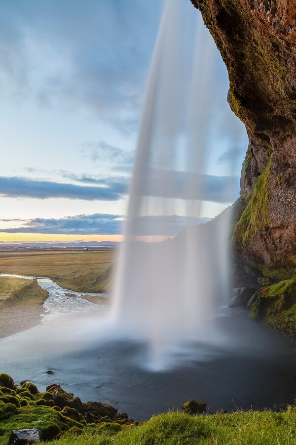 Seljalandsfoss waterfall on the south coast, where you can walk behind the falls