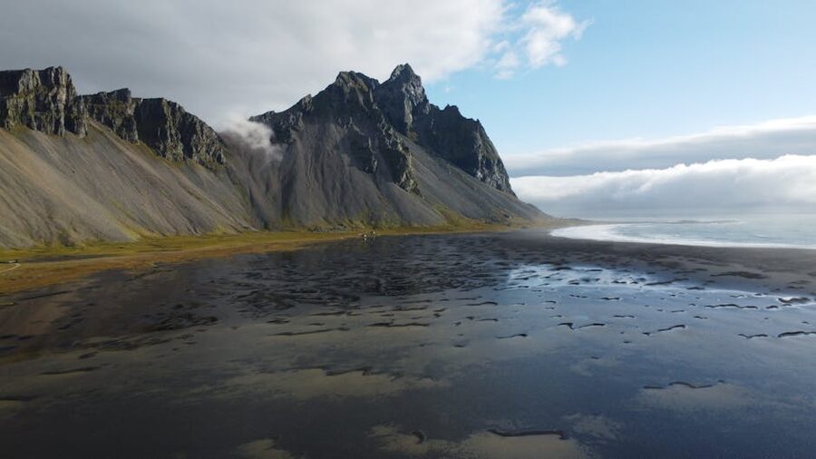 Aerial view of Vestrahorn from Stokksnes beach