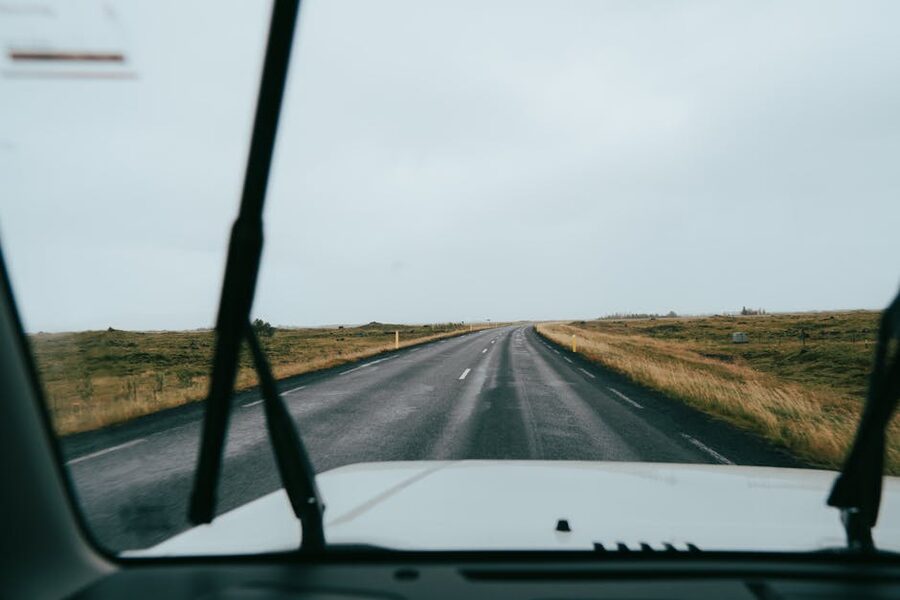 View of an Iceland landscape through a car windscreen