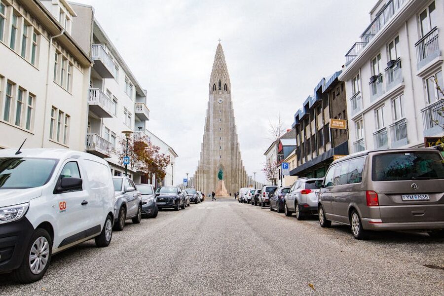 Cars parked on a Reykjavik street near Hallgrimskirkja