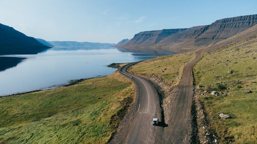 Aerial view of a road along the Westfjords coast