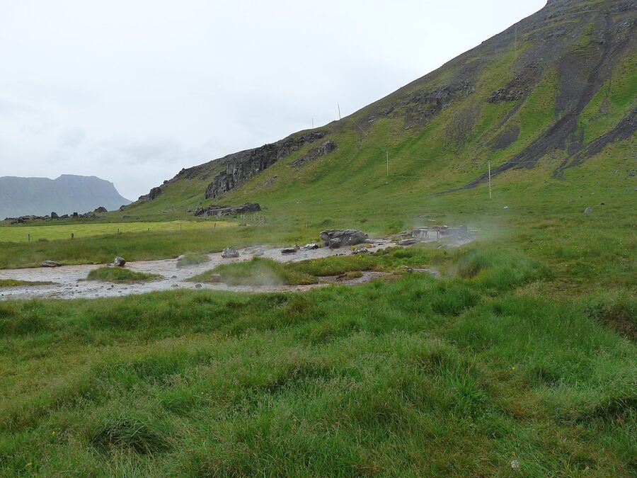 The hot spring source above Krossneslaug, where geothermal water emerges from the ground