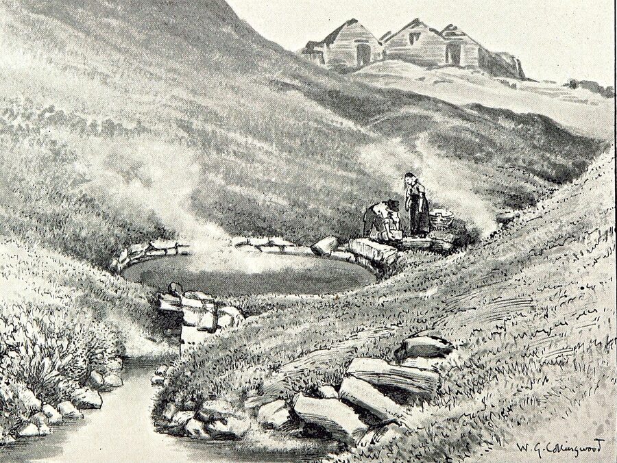 A 19th-century engraving of Snorri's bathhouse at Reykholt with a tunnel
