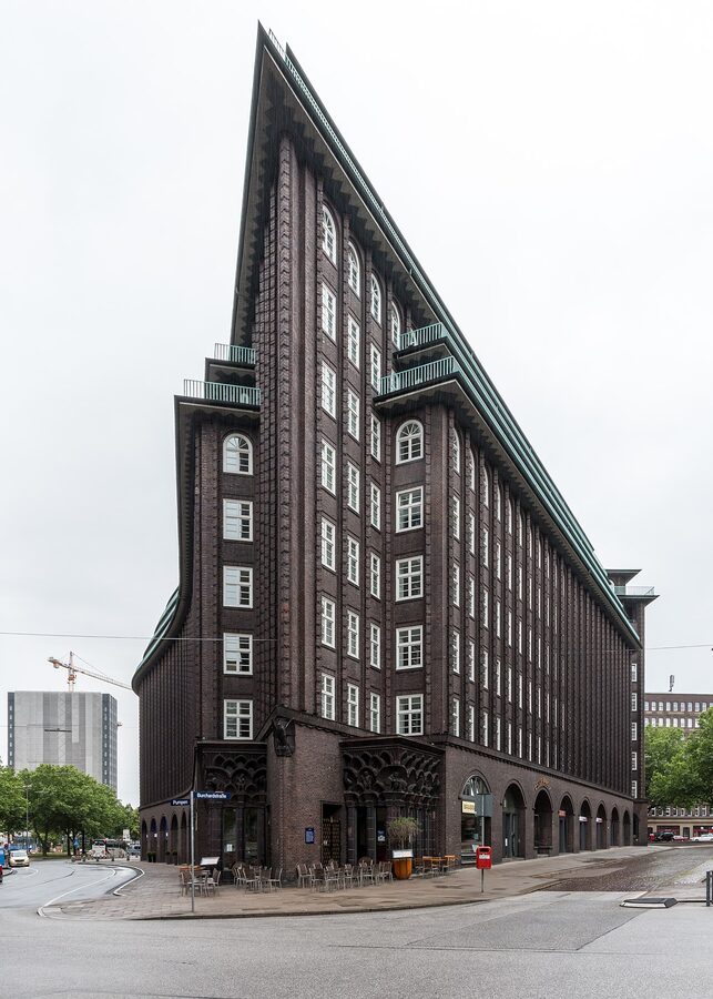 Chilehaus in Hamburg's Kontorhausviertel, showing the prow-shaped corner