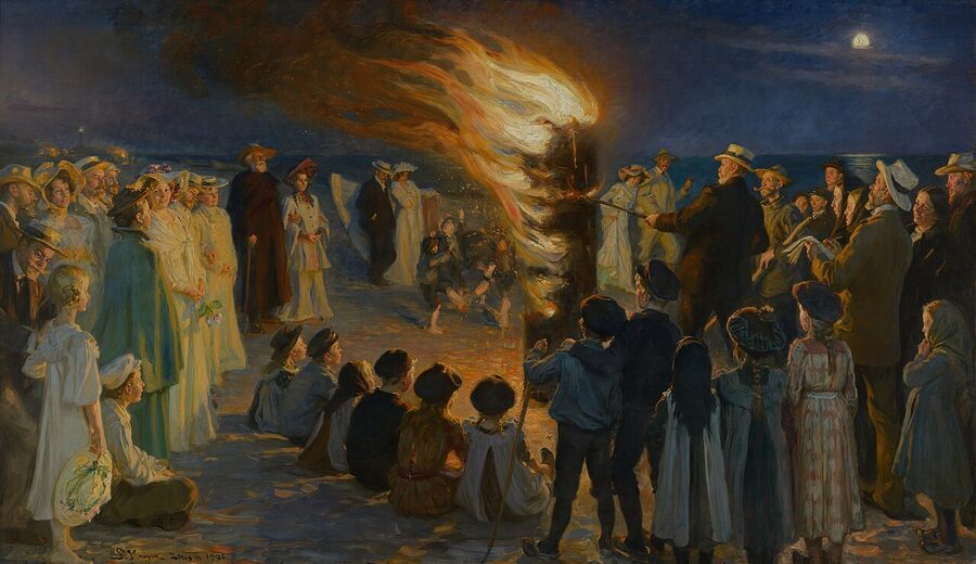 P.S. Krøyer's Sankt Hans Eve Bonfire on Skagen Beach showing locals around a midsummer fire