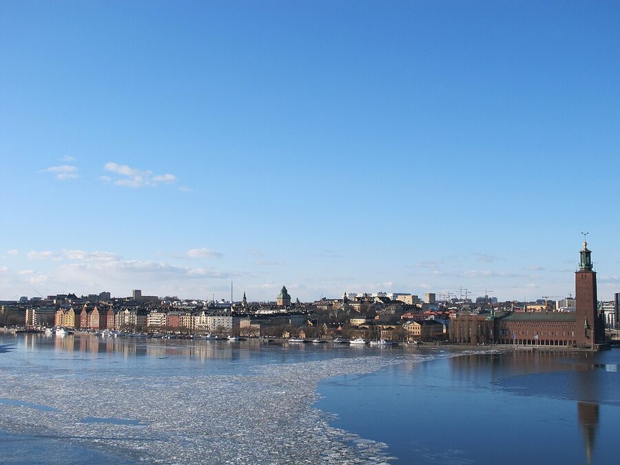 Kungsholmen panoramic view across the water to Stockholm City Hall and Riddarholmen