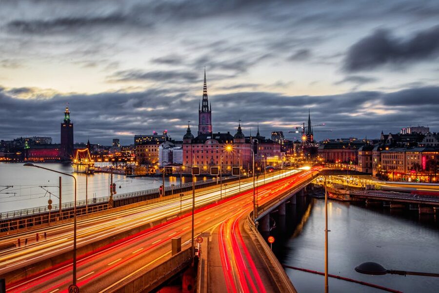 The Centralbron bridge in Stockholm illuminated at dusk