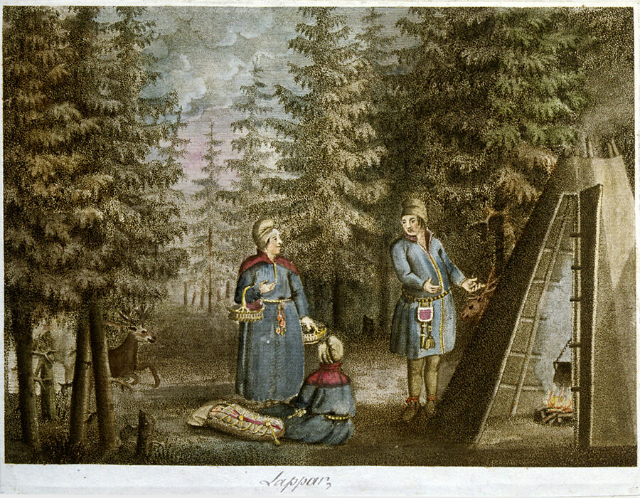 Sami people herding reindeer across a Lapland mountainside