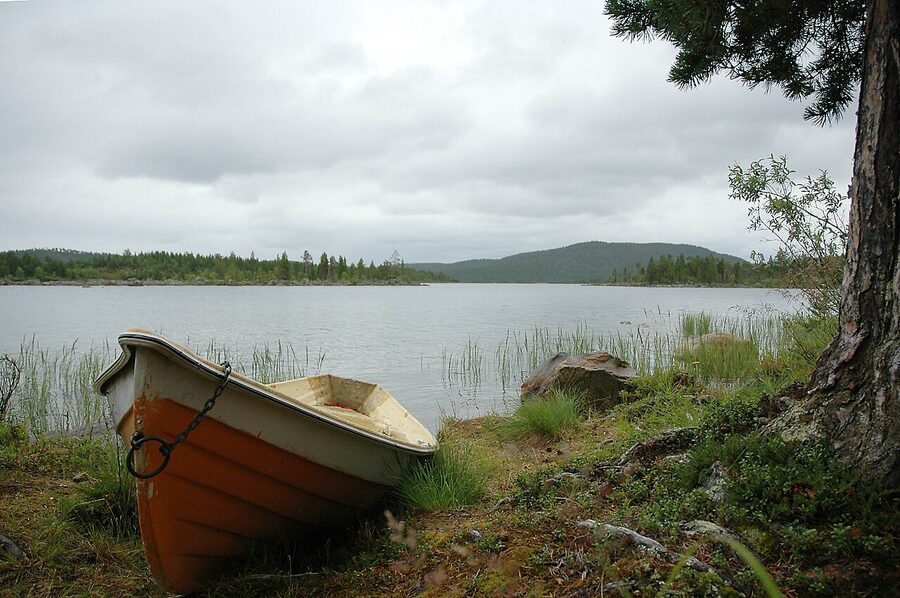 Boat on Lake Inari in summer