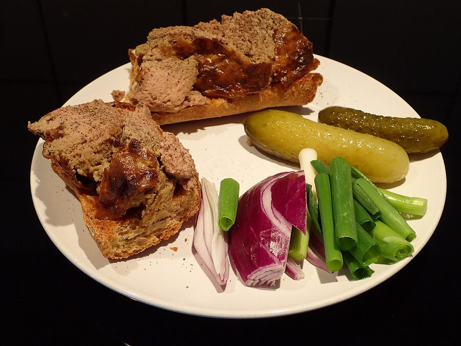 A close-up of leverpostej, Danish liver pâté on rye bread
