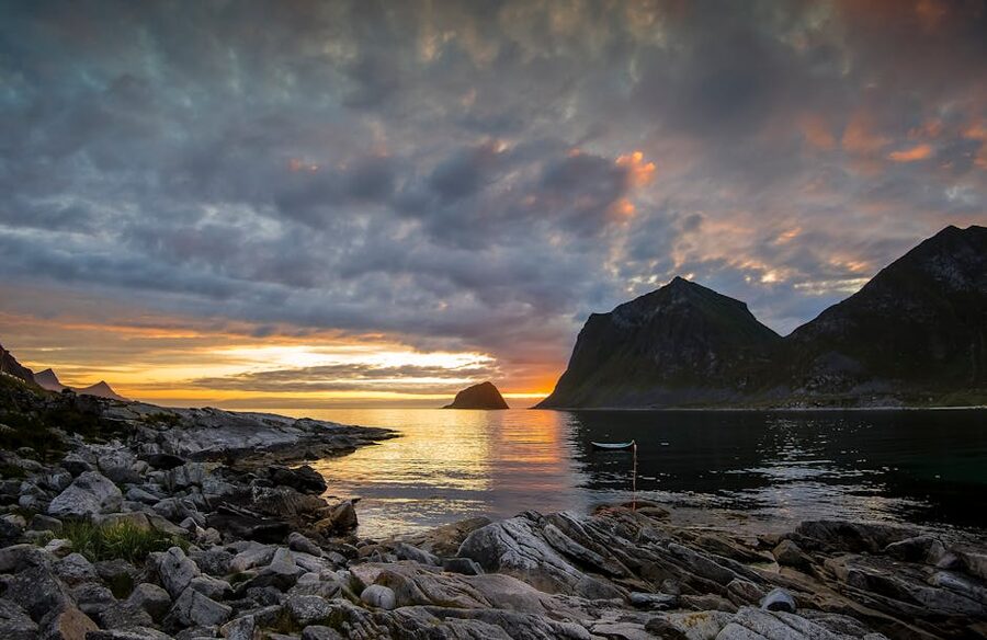 Haukland Beach at sunset in Lofoten
