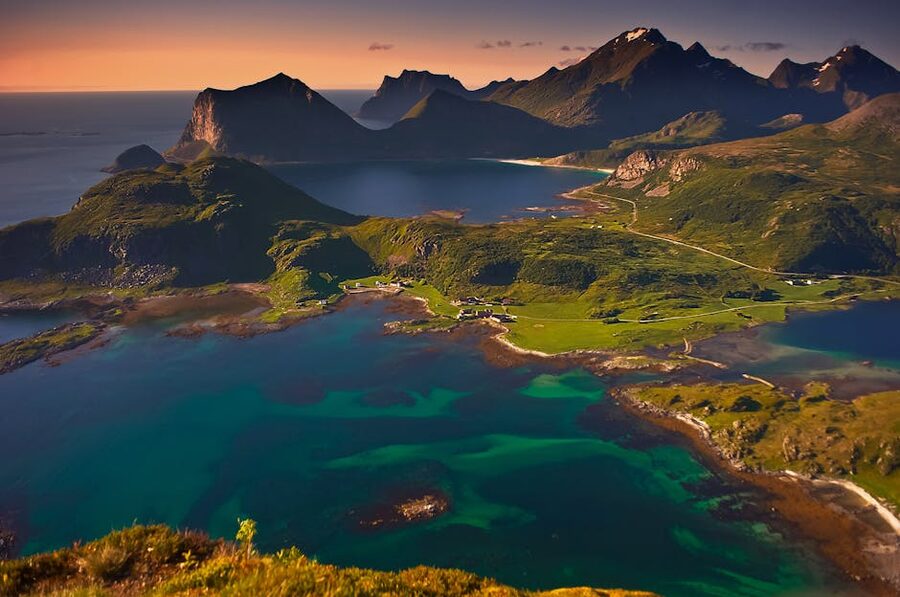 Aerial view of the Lofoten Islands at sunset