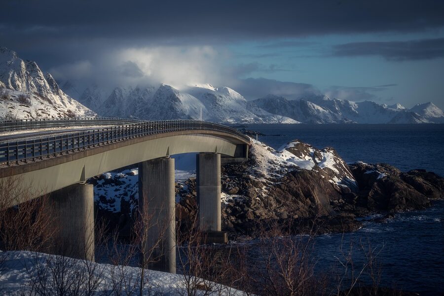 A bridge through the Lofoten Islands in winter