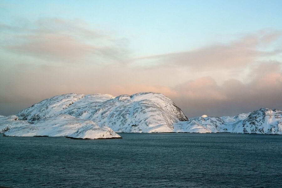 Snow-capped mountains and coastline in Lofoten